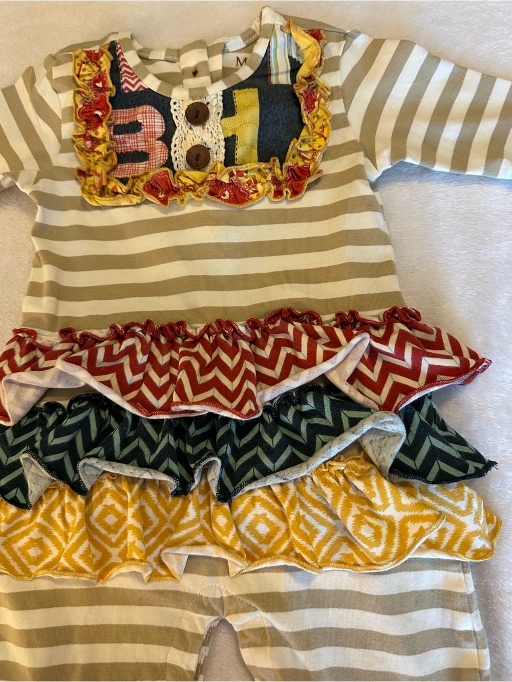 Mustard Pie Striped Cream & Tan Ruffle Dress with Multi-Print Accents